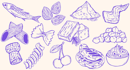 Mediterranean or Italian style foods doodle set featuring classic and traditional ingredients foods dishes, with a lively, hand-drawn charm that evokes Italian culture,hand-drawn collection