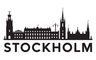 Fototapeta premium Stockholm Skyline Silhouette An Iconic Cityscape Featuring Towering Architecture and the City's Name in Bold Letters Underneath Black and White