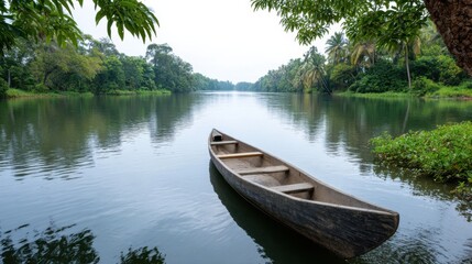 Obraz premium A wooden canoe floats quietly on a calm river surrounded by lush green trees and foliage under a clear sky.