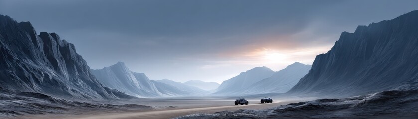 Naklejka premium Two off-road vehicles travel through a vast, rocky valley surrounded by towering, jagged mountains under a cloudy sky at sunset.