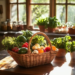 Wicker market basket overflowing with colorful organic produce bathed in natural sunlight on rustic wooden counter showcasing fresh farm vegetables in charming country kitchen setting