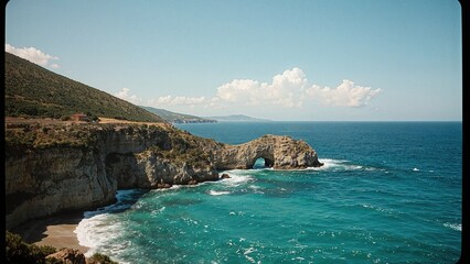 Sunlit rocky shoreline during the afternoon