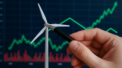 Financial growth in energy sector with hand pointing at wind turbine and rising stock market chart upward trend and market potential - Powered by Adobe