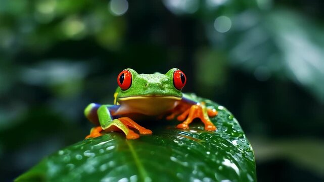 Closeup of Vibrant Green Tree Frog with Red Eyes Sitting on Leaf in Tropical Jungle