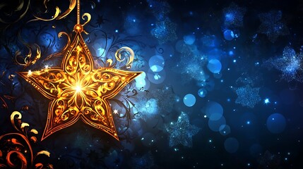 Golden star ornament on a dark blue background with snowflakes