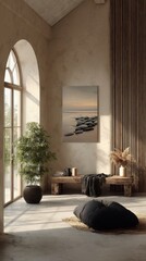 A serene, minimalist living space with natural light, a potted plant, wooden bench, cozy cushion, and calming wall art of stones on a beach.