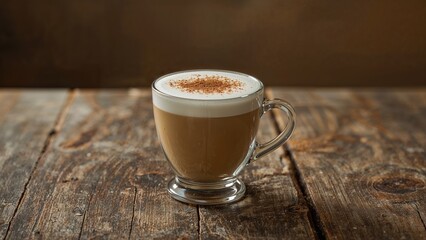Traditional frothy cappuccino served in a glass on a vintage wooden surface
