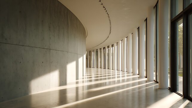 Modern architectural corridor with soft curving concrete wall and tall windows interior