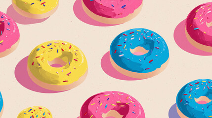 Fototapeta premium カラフルなフロスティングが施されたドーナツが明るい背景に整列。キッズ向けや楽しいデザインに適したポップなビジュアル。