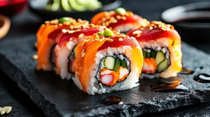 Creative Japanese fusion sushi rolls featuring vibrant colorful fillings artfully arranged against textured dark stone background with glistening droplets of soy sauce for gourmet presentation