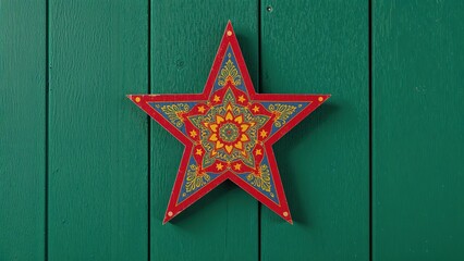 Handcrafted wooden star decorated for caroling and nativity with classic folk design and vibrant colors