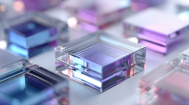 Multiple transparent semiconductor cpu chips in blue, light blue and purple are rotating slowly on a white background, creating an abstract technological composition