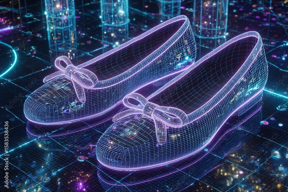 Aufkleber stylish digital shoes featuring a glowing wireframe design in a futuristic setting with glowing elem
