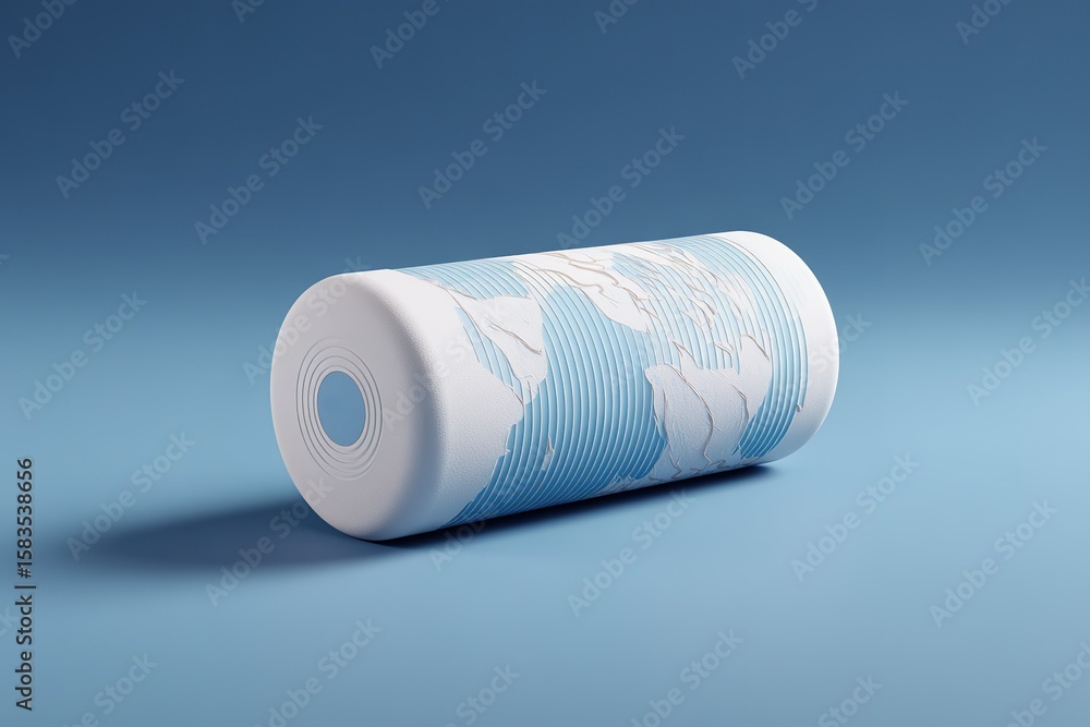 Poster stylish cylindrical object featuring a world map design on a smooth surface against a simple blue ba