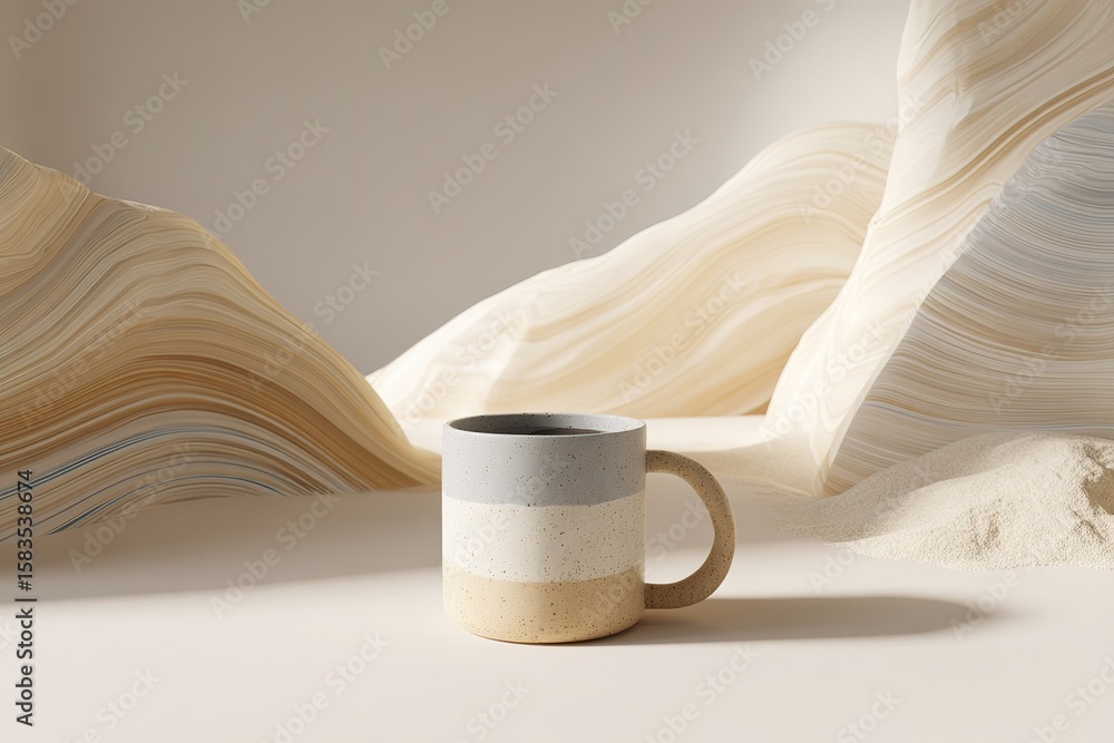 Poster mug placed against a backdrop of soft waves of paper, emphasizing minimalist design with earthy colo