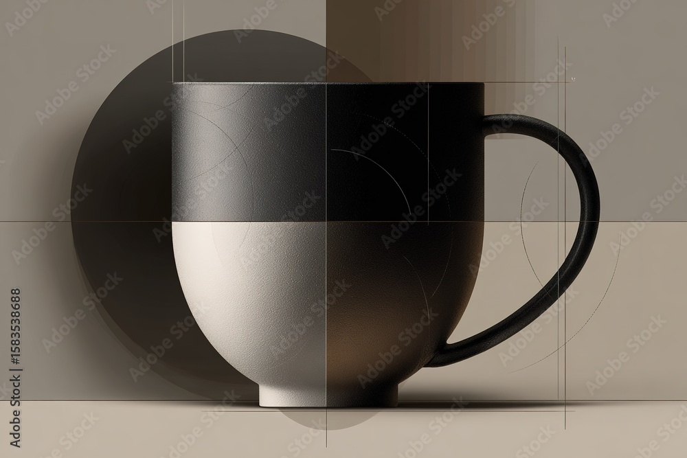 Poster creative mug design with contrasting colors showcased in minimalistic setting