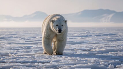 Close up of a polar bear walking on ice surrounded by melting snow, showcasing the impact of climate change on Arctic habitats