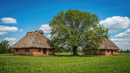 Rural landscape featuring traditional clay-walled houses with straw roofs surrounded by lush greenery and a large pear tree under a blue sky