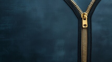 Close up of an unzipped gold zipper on dark fabric background
