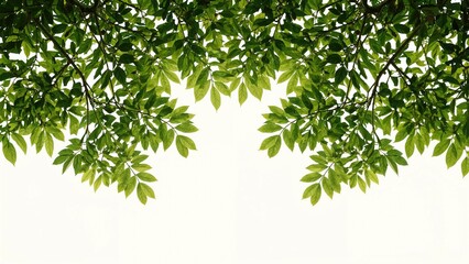 Close up of green tree branches featuring detailed leaves against a softly blurred light background emphasizing texture and foliage.