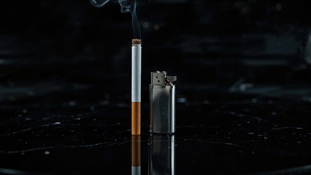 Cigarette and lighter arranged on a dark ceramic plate representing no tobacco campaign.