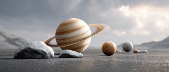 A creative depiction of planets aligned on a rocky surface with a mountainous background under a cloudy sky.