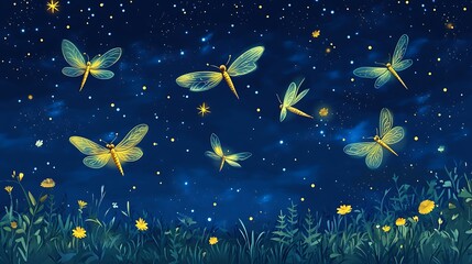 Night sky filled with glowing dragonflies over a field of wildflowers