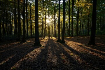 Golden hour light streaming through the forest canopy, casting long, soft shadows across the forest floor, creating a serene and tranquil woodland atmosphere at dawn