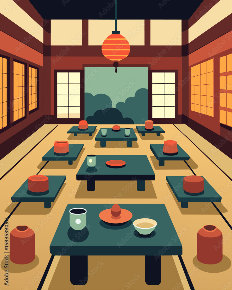 Poster the ryokans dining area offers a communal workspace with low tables and comfortable floor cushions p