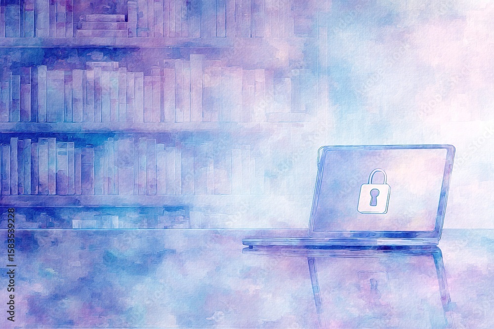 Poster laptop with a lock symbol on a table in front of a blurred bookshelf, representing digital security 
