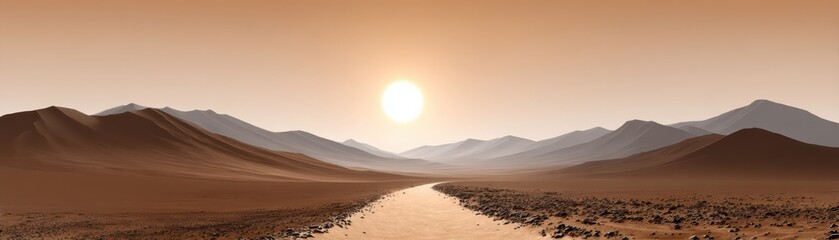 Fototapeta premium A serene desert landscape features sand dunes and a river flowing under a bright sun, with distant mountains fading into the horizon at sunset.