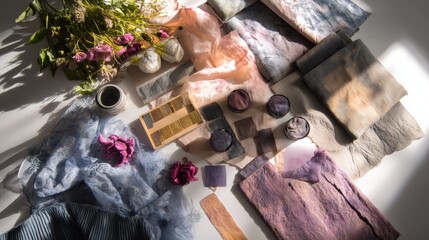 Overhead view of eco-fashion materials including organic textiles, recycled fabrics, and botanical dye swatches, styled in an artistic flat lay with soft diffused studio lighting