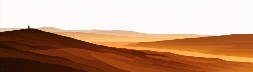 Fototapeta premium A minimalist digital artwork depicting layered desert dunes in warm shades of brown and orange under a bright sky.