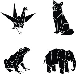 Geometric origami animal silhouettes of a crane fox frog and elephant isolated on white background silhouette