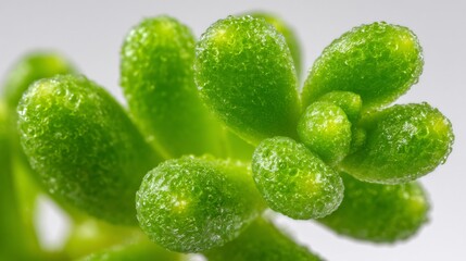 illustration capturing the unique, waxy texture of a succulent leaf in extreme close-up. Tiny pores and a powdery bloom are visible, with soft, even lighting emphasizing its plump, resilient 