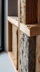 Close-up of natural insulation and timber frame at breathable wall junction, showing sustainable materials with performance overlay for healthy home construction and eco architecture