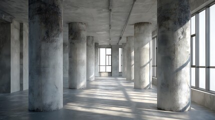Vast concrete interior with large windows and columns architecture industrial