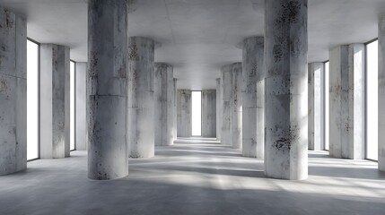 Raw concrete interior with tall columns and large windows architecture