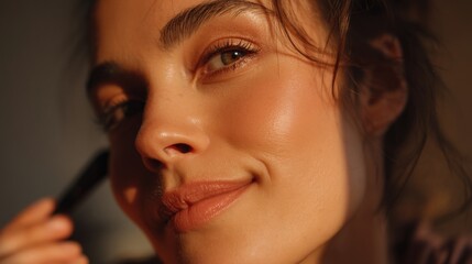 Close-up of confident woman applying minimal makeup with sustainable beauty products, achieving natural radiant glow during golden hour, perfect for clean beauty campaigns and tutorials