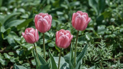 Charming pink tulip blooms amidst rich greenery
