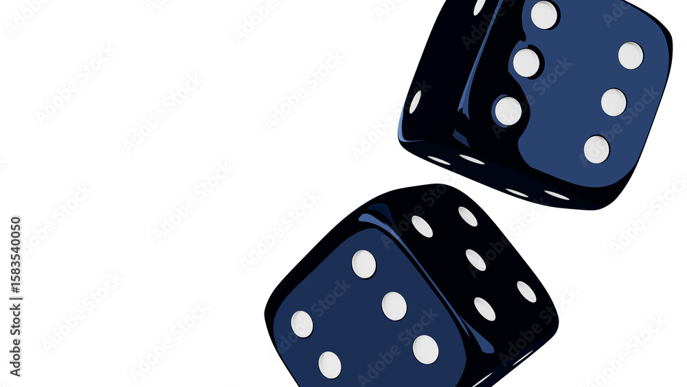 Poster close-up dark blue two dice on isolated background. glossy roll cubes for gamble games. 3d rendering