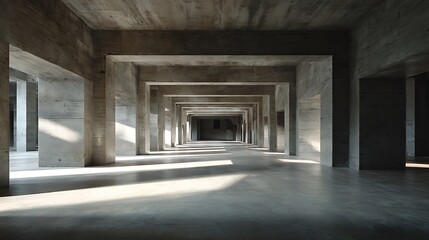 Vast concrete hall with repeating columns and dramatic light interior architecture