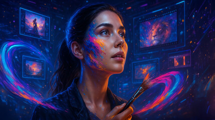 Innovative AI applications for artists, creatives, and designers, featuring a woman amidst a swirling digital art display.