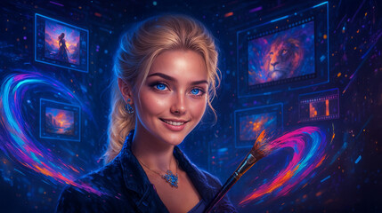 Blonde woman surrounded by floating holographic screens displaying artificial intelligence applications for creative design work