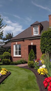 Red brick home nestled among vibrant flowering plants, highlighting manicured landscape and residential tranquility