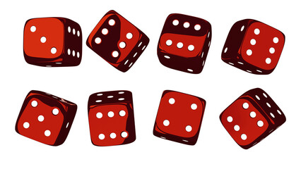 Red dice set on isolated background. Random rolling dice cubes. Glossy roll cubes for gamble games. 3d rendering