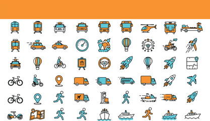 Fototapeta premium Collection of colorful transportation and travel icons including various vehicles and elements