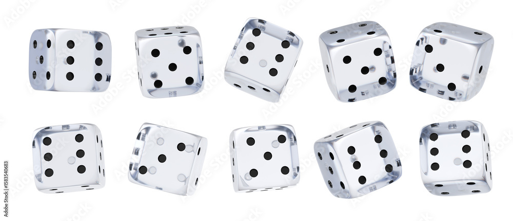 Poster white glass dice set on isolated background. random rolling dice cubes. glossy roll cubes for gamble