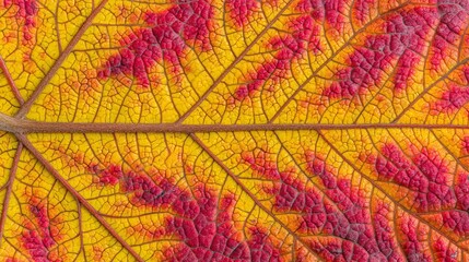 Obraz premium close-up of an autumn leaf with visible color gradients from yellow to red and defined decay texture autumn leaf illustration, red yellow blend, fall foliage texture, decaying botanical surface, 