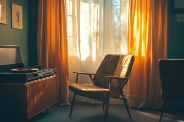 Vintage living room featuring mid century furniture and record player bathed in warm amber light filtering through curtains creating perfect nostalgic lifestyle atmosphere